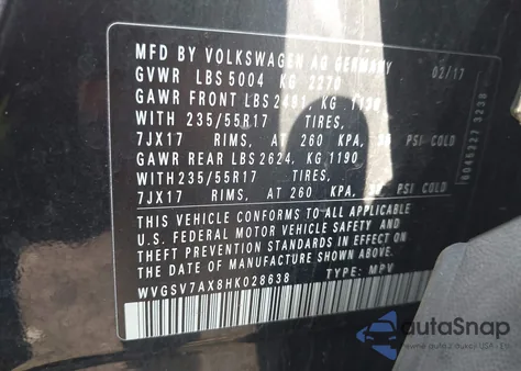 2017 Volkswagen Tiguan Wolfsburg from USA, damaged, VIN WVGSV7AX8HK028638
